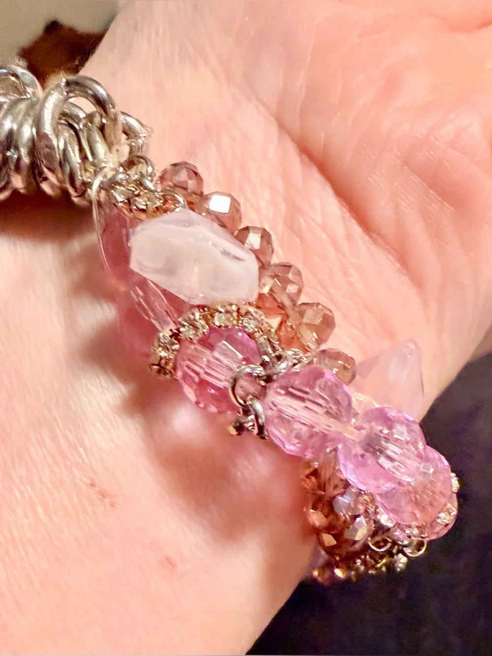 Artisan Pink Crystal Beaded Silver Tone Chainmail Statement Bracelet